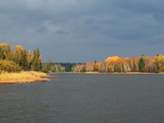 обои Широкая река и осенние леса на берегу фото