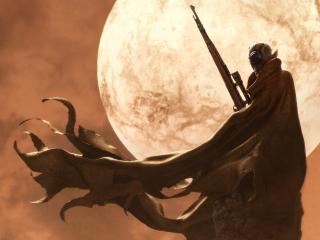 обои Снайпер в плаще на фоне большой луны фото