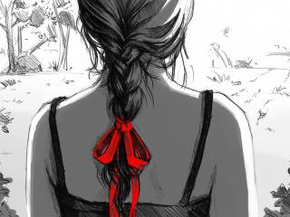 обои Черно-белый рисунок девушки с красной лентой в косе фото