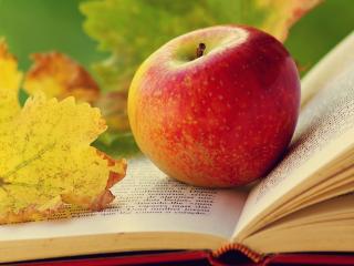 обои На книге раскрытой яблоко и листик желтый фото