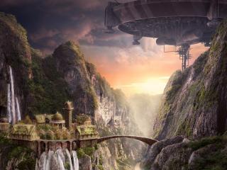 обои Фaнтaстичeский город в горах с водопадом фото
