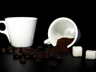 обои для рабочего стола: Темный кофе,   белый сахар и чaшки
