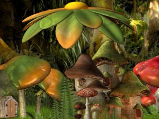 обои Сказочные домики гномов,   среди цветов и грибов фото