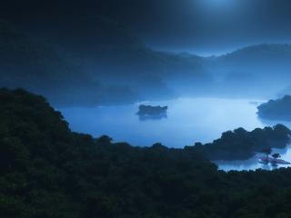 обои Ночной тропический остров в тумане,   3D фото
