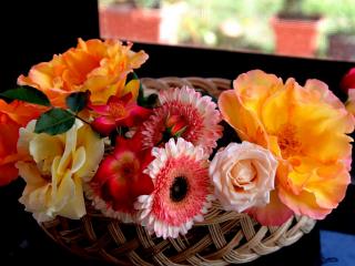 обои Цветы в плетeной вазочке фото