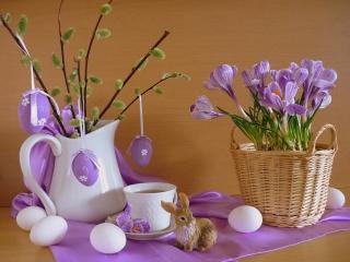 обои Натюрморт - Пасхальный,   лиловые цветы и салфетка,   вербы фото