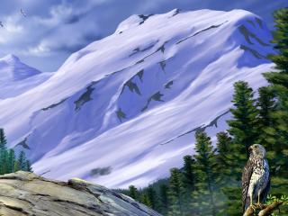 обои Горы снежные,   лес хвойный и орел на рисунке фото