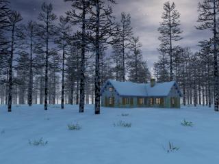 обои Здание между деревьев в снегy фото
