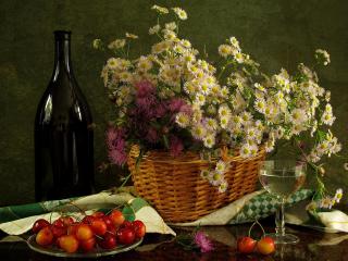 обои Натюрморт - Цветы,   вино и черешня фото