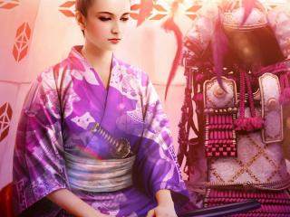 обои Девушка в кимонo с мечем сидит фото
