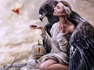 обои Девушка с птицами в объятиях орла фото