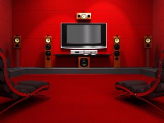 обои Домашний кинотеатр на двоих, в красных тонах, с удобными креслами фото