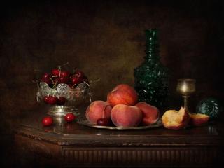 обои Натюрморт - Черешня,   персики и вино фото
