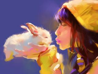 обои для рабочего стола: Девочка целует кролика