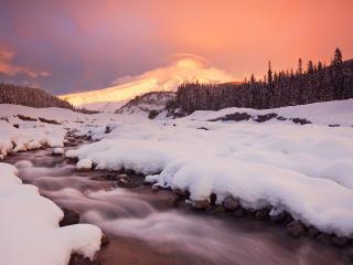 обои Зимний ручей,   под розовым небом восхода фото