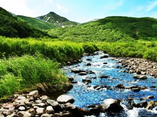обои Летний ручей с голубой водой,   среди высоких зеленых холмов фото