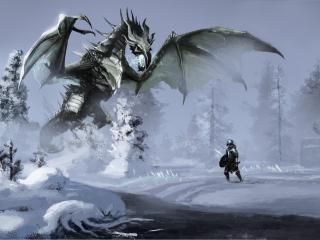 обои Skyrim воин и дракон фото