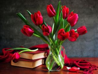 обои Натюрморт - Алые тюльпаны и книги фото