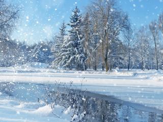 обои Снегопад и зимний ручей фото