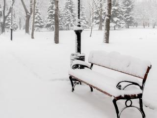 обои Скамейка в парке занесенная снегом фото