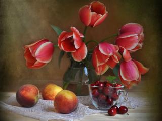 обои Тюльпаны с персиками и черешней фото