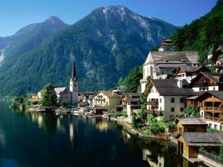 обои Город у озера в горах. Австрия фото