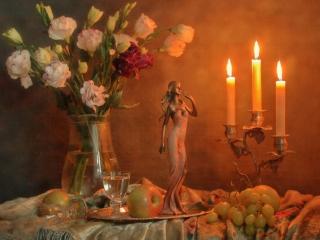 обои Свечи,   фрукты,   цветы и статуэтка фото