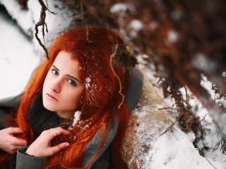 обои Девушка с красными волосами в зимнем лесу фото