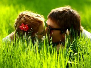 обои Он и она в зелёной траве фото