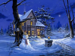 обои Снеговик под деревом возле дома фото