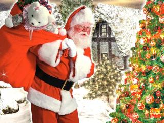 обои Дед Мороз и плюшевый мишка в рюкзаке фото
