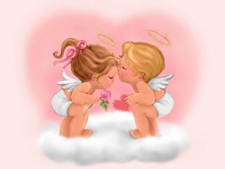 обои Два ангелочка целуются на облаке фото
