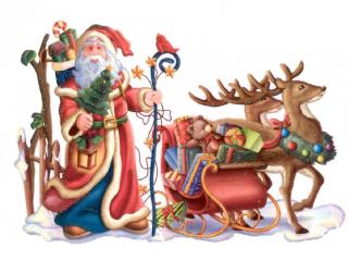 обои Санта Клаус с подарками и елочкой фото