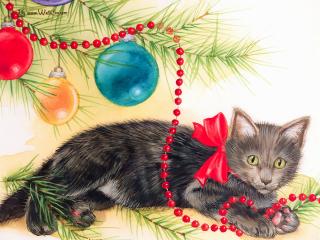 обои Черный котенок под новогодней елкой фото