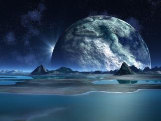 обои Иная планета и ее огромный спутник в синеватых тонах фото