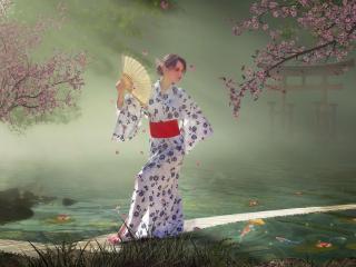 обои Высокомерная гейша в саду сакуры фото