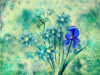 обои Рисунок голубых и синих цветков и стрекоза фото