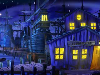 обои Трактир Scummbar ночью в пиратской бухте фото