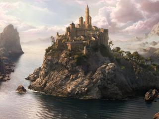 обои Грозный замок на острове посреди реки фото