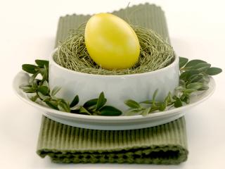 обои Яйцо в окружении соломы, листиков и белой тарелки фото
