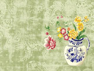 обои Нарисованная ваза с цветами на зелёном шёлке фото