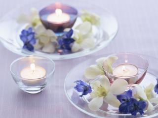 обои Лавандовые свечи в тарелках с цветами фото