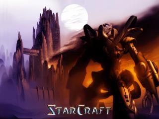обои Огромный киборг перед инопланетным городом "Starcraft" фото