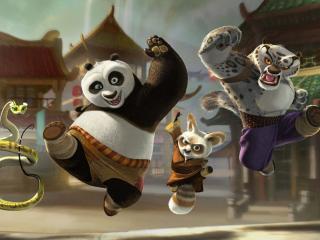 обои Подпрыгнувшие мастер, панда, снежный барс и змея "Кунг-Фу Панда" фото