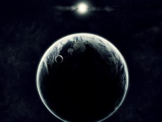 обои Вид на ледяную планету с маленьким спутником в космосе фото