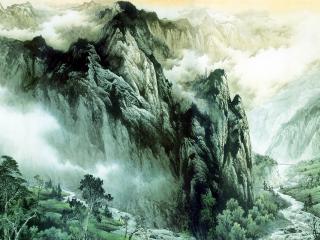 обои Красивая картина гряды гор в тумане фото
