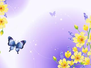 обои Сиреневые бабочки резвятся среди цветов фото