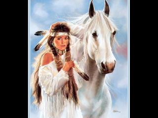 обои Девушка-индеец возле белой лошади фото