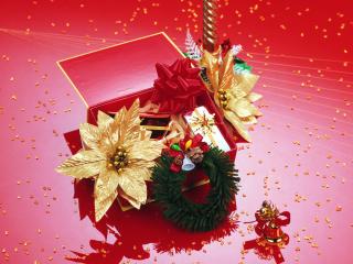 обои Красная коробочка с подарками и с золотыми цветами фото