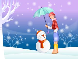 обои Девочка с зонтиком смотрит на веселого снеговика фото